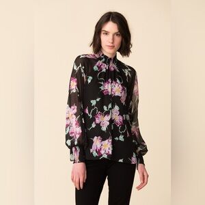 A.L.C. Venetia Floral Black Purple Silk Popover Blouse Shirt Top Size 4